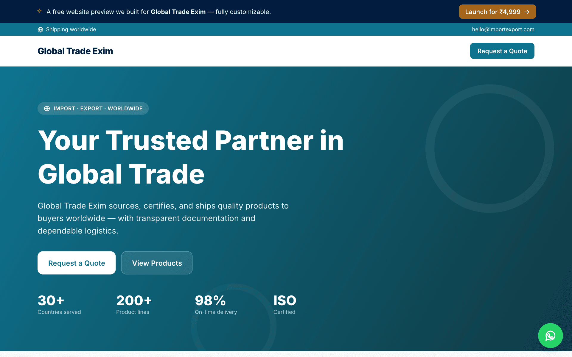 Preview of the Import Export Company demo website